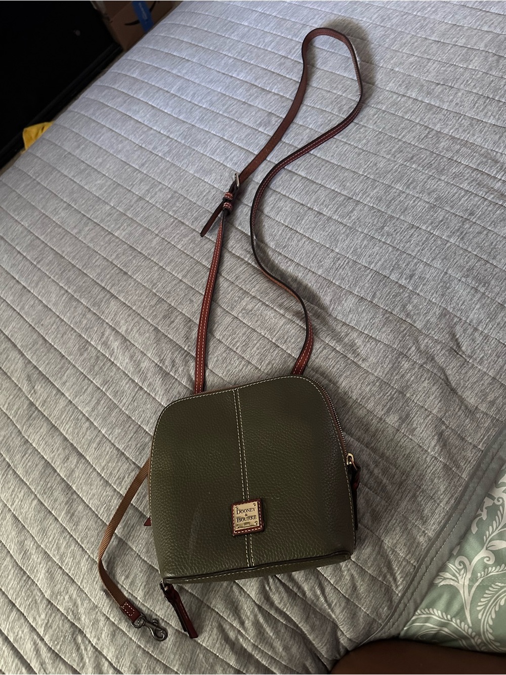 Dooney & Bourke Olive Pebble Leather Crossbody with Brown Strap